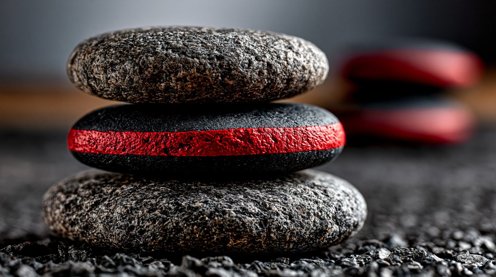 Three smooth meditation stones balanced in a stack, the middle one banded in red