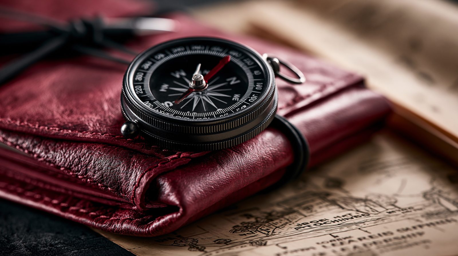 A black compass resting on red leather over an old map
