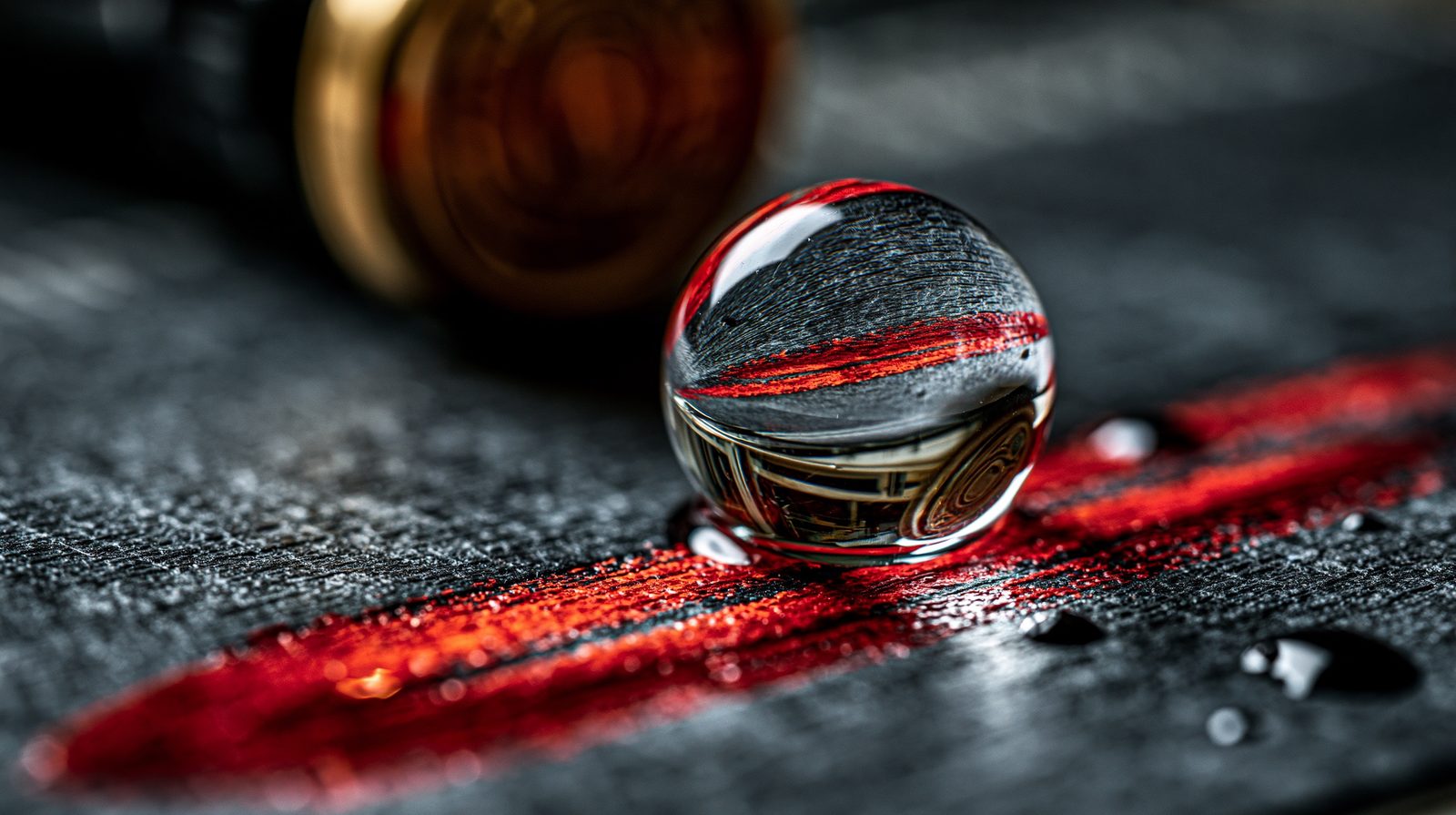 A clear glass sphere resting on a red line, bringing the scene into sharp focus