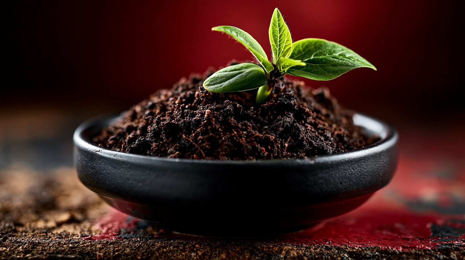 A green seedling emerging from soil in a black bowl