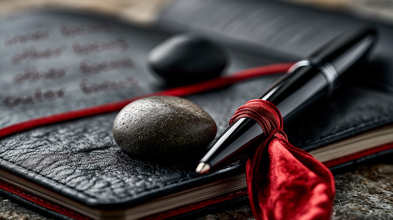 A leather journal, fountain pen and smooth stones