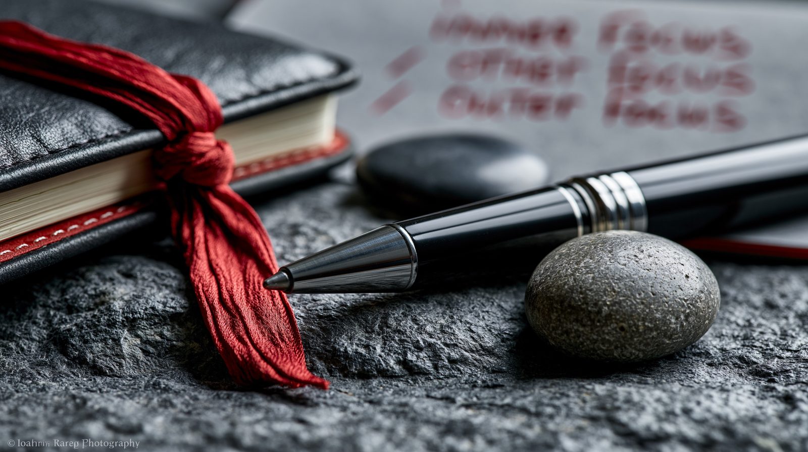 A black leather journal with a red ribbon, pen and stone