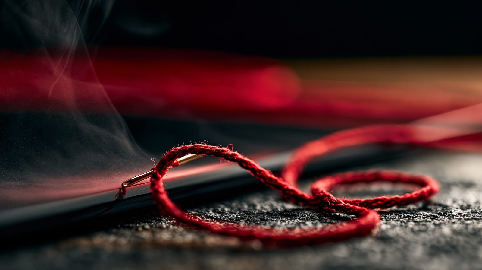 A red thread through a needle with a soft wisp of breath rising