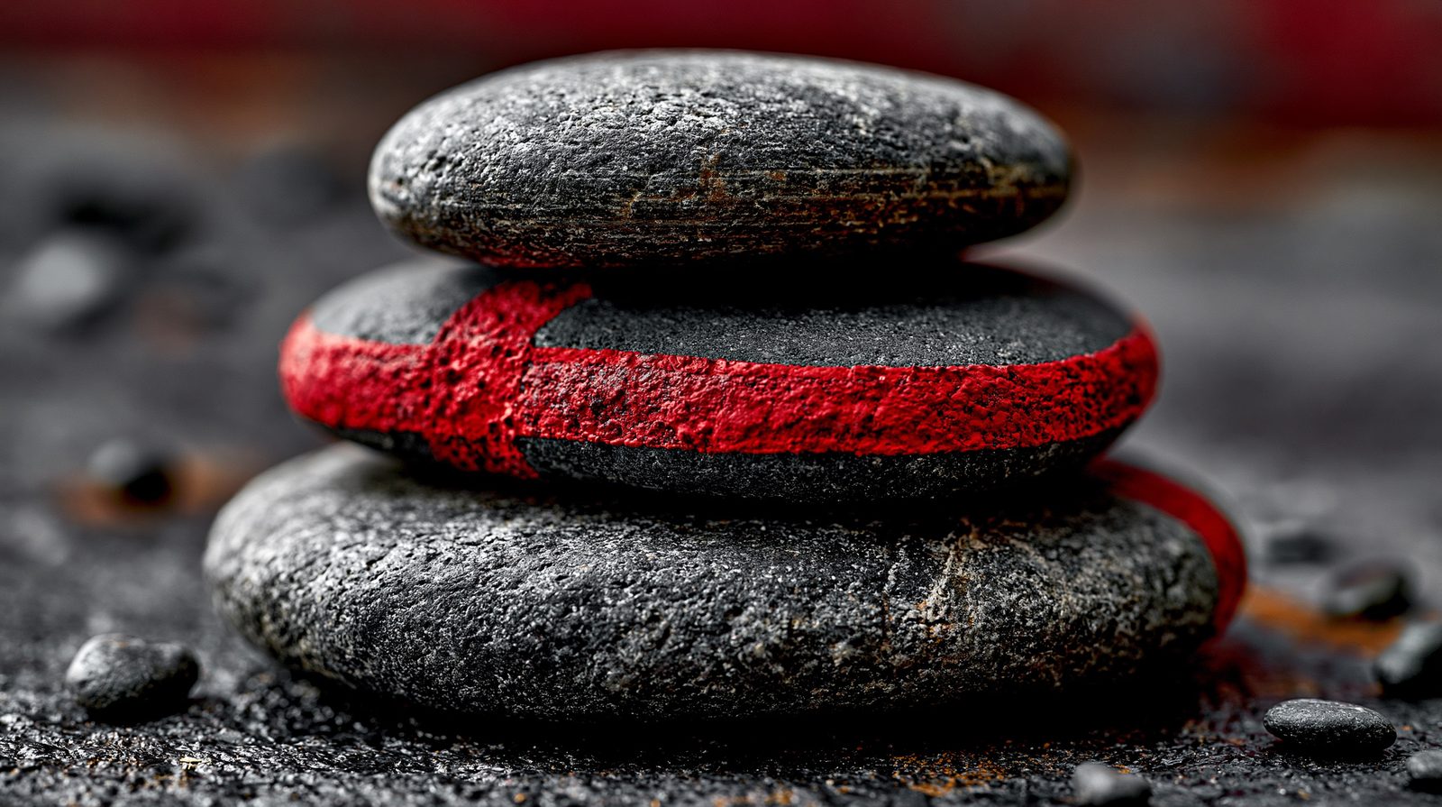 Stacked smooth meditation stones, the middle one banded in red