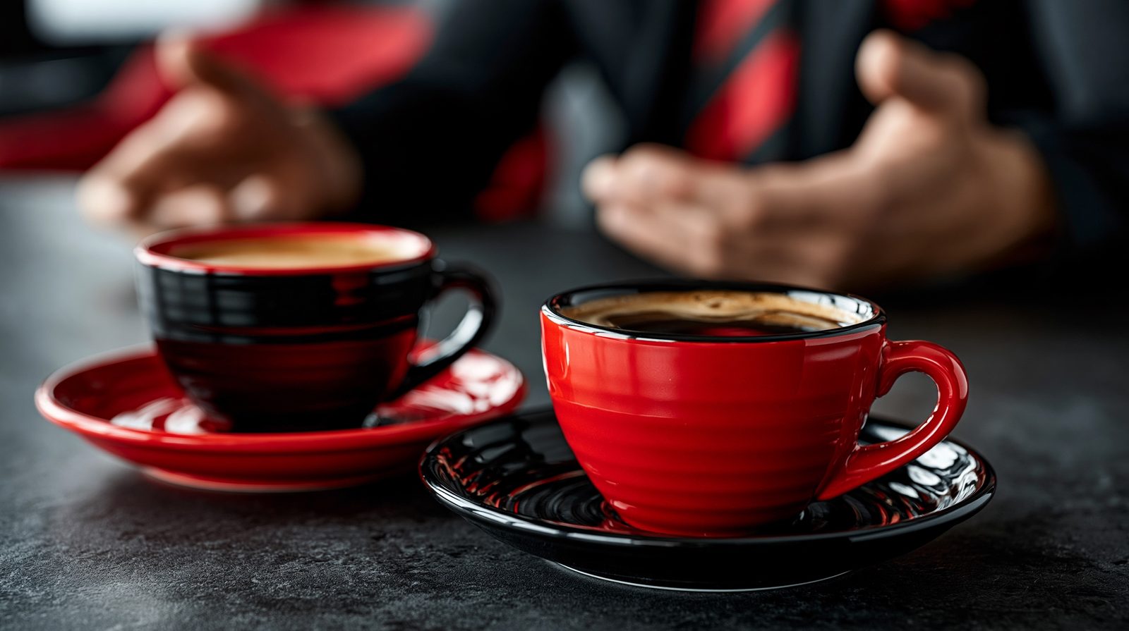 Two coffee cups on a table during a business conversation